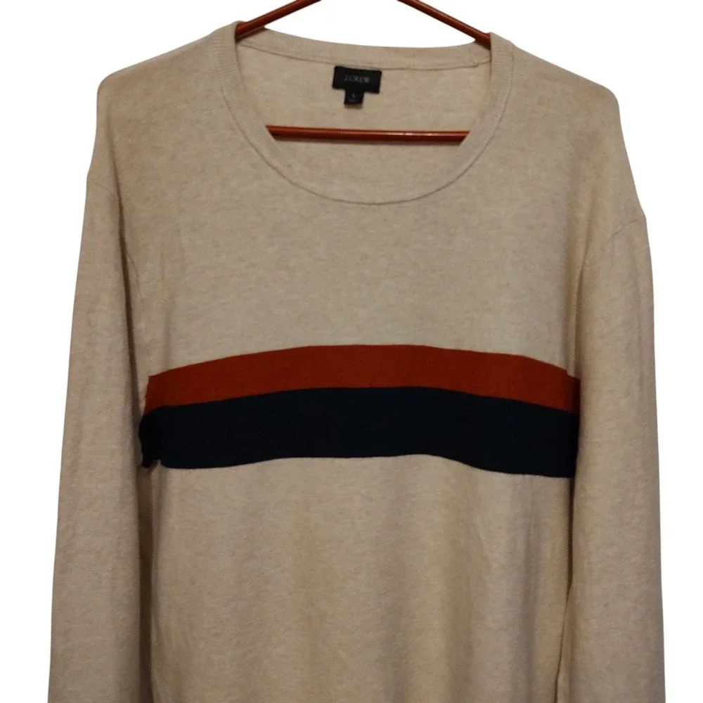 J Crew Cotton Striped Sweater Neutral Rust Navy Stripe Crew Neck Mens Size Large